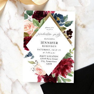 Invitation Burgundy Navy & Blush Pink Floral Graduation Party