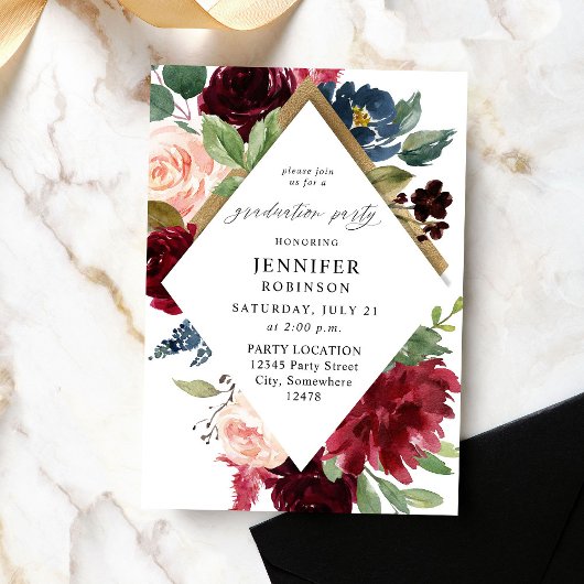 Invitation Burgundy Navy & Blush Pink Floral Graduation Party