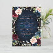 Invitation Burgundy Navy Blush Rose Gold QR Code Wedding (Debout devant)