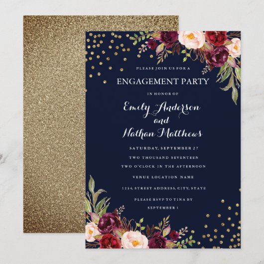 Invitation Burgundy Navy Confetti Floral Engagement Party (Devant / Derrière)