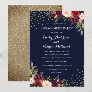 Invitation Burgundy Navy Confetti Floral Engagement Party