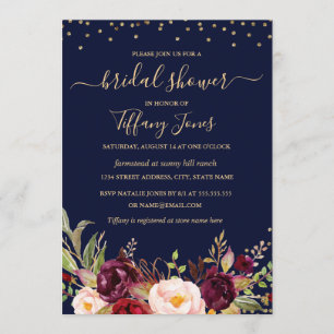 Invitation Burgundy Navy Confetti Floral Gold Fête des mariée