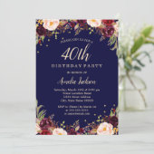 Invitation Burgundy Navy Elégant Floral 40e Anniversaire (Debout devant)