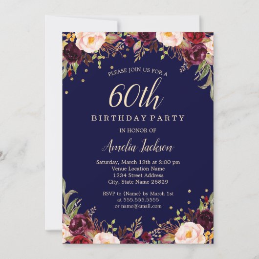 Invitation Burgundy Navy Elégant Floral 60e Anniversaire (Devant)
