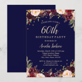 Invitation Burgundy Navy Elégant Floral 60e Anniversaire (Devant / Derrière)