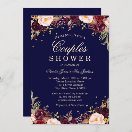 Invitation Burgundy Navy Elégant Floral Couples Douche (Devant / Derrière)