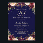 Invitation Burgundy Navy Élégante Florale 21e fête d'annivers<br><div class="desc">Plus joli fleurs Invitations d'anniversaire dans le Little Bayleigh Store!</div>