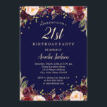 Invitation Burgundy Navy Élégante Florale 21e fête d'annivers<br><div class="desc">Plus joli fleurs Invitations d'anniversaire dans le Little Bayleigh Store!</div>