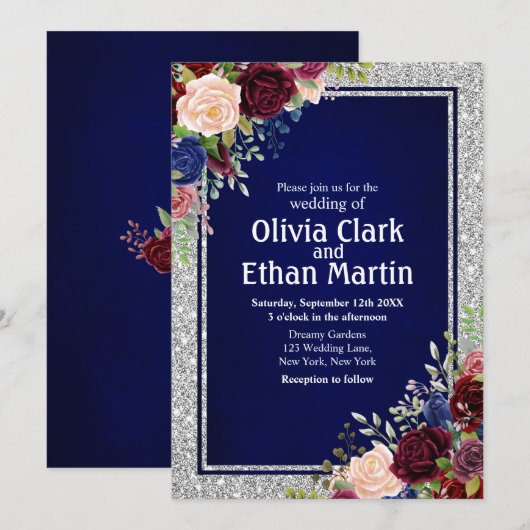 Invitation Burgundy Navy Floral Argent Frame (Devant / Derrière)