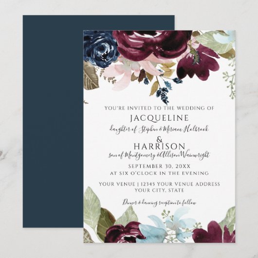 Invitation Burgundy Navy Floral Elegant Fall Foliing Mariage (Devant / Derrière)