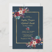 Invitation Burgundy Navy Floral Gold Frame sur Mariage de mar (Devant)
