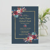 Invitation Burgundy Navy Floral Gold Frame sur Mariage de mar (Debout devant)
