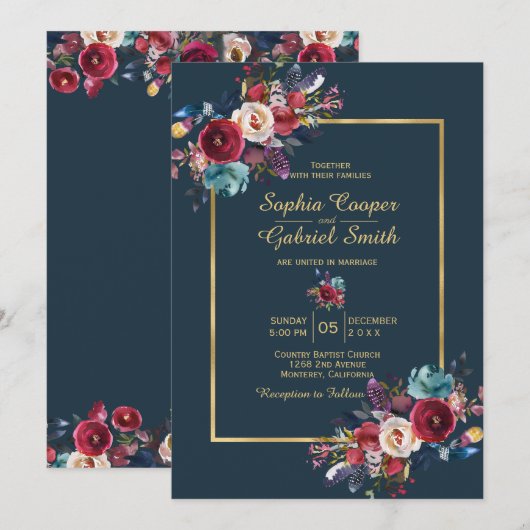 Invitation Burgundy Navy Floral Gold Frame sur Mariage de mar (Devant / Derrière)