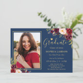 Invitation Burgundy Navy Floral Photo Célébration (Debout devant)