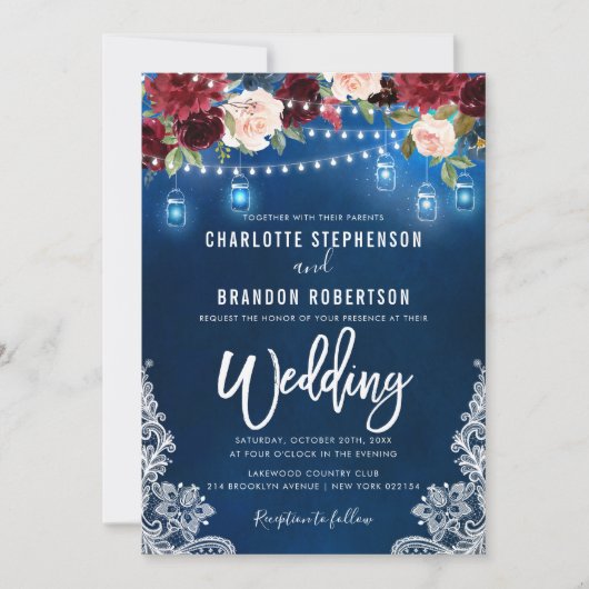 Invitation Burgundy Navy Floral Russe String lumière Mason Ja (Devant)