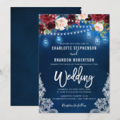 Invitation Burgundy Navy Floral Russe String lumière Mason Ja (Devant / Derrière)