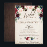 Invitation Burgundy Navy Floral Rustic Boho Fête des mariées<br><div class="desc">Aquarelle bordeaux rouge marine rousse rose rousse rustique pays classe floral modèle d'invitation Douche nuptiale avec vert feuillage botanique et eucalyptus feuilles en arrière - plan en bois. Ce magnifique design facile à customiser peut s'adapter facilement à vos couleurs, styles et thèmes mariages et il est un choix parfait pour...</div>