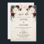 Invitation Burgundy Navy Floral Rustic Pays Nous faisons<br><div class="desc">Aquarelle bordeaux rouge marine rousse rose rousse rustique pays classe mariage fleurie modèle de renouvellement de wow avec vert feuillage botanique et eucalyptus feuilles en arrière - plan en bois. Ce magnifique design facile à customiser peut s'adapter facilement à vos couleurs, styles et thèmes mariages et il est un choix...</div>