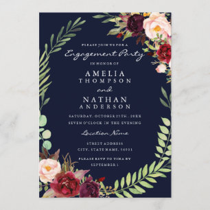 Invitation Burgundy Navy Floral Wreath Engagement