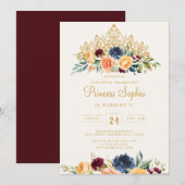 Invitation Burgundy Navy Princess Floral Tiara Anniversaire (Devant / Derrière)
