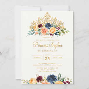 Invitation Burgundy Navy Princess Floral Tiara Anniversaire