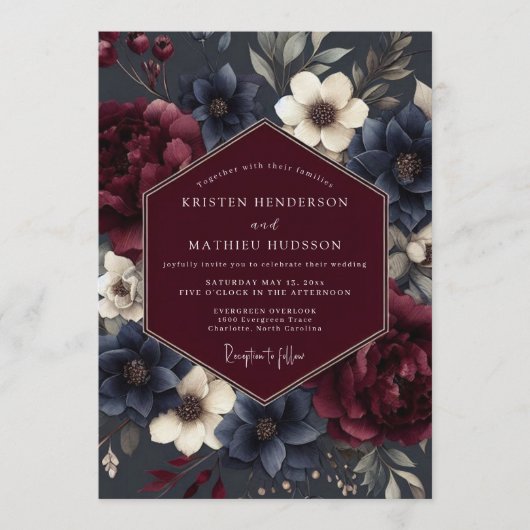 Invitation Burgundy Navy Somber Flora Wedding (Devant)