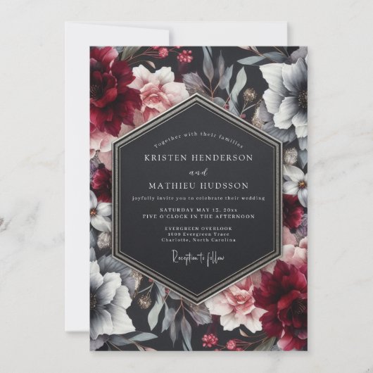 Invitation Burgundy Noir Floral Wedding (Devant)
