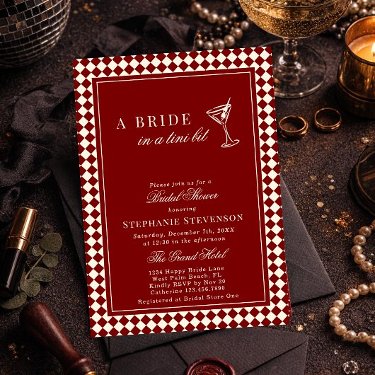 Invitation Burgundy Old Money Checkered Martini Bridal Shower