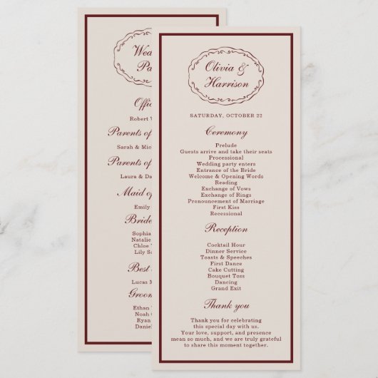 Invitation Burgundy Old Money Wedding Program Card (Devant / Derrière)