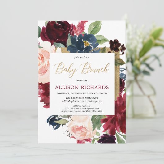 Invitation Burgundy or chute d'aquarelle florale bébé brunch (Debout devant)