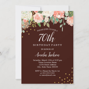 Invitation Burgundy Or Floral Aquarelle 70e Anniversaire