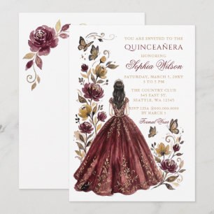 Invitation Burgundy Or Floral Princess Quinceañera