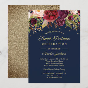 Invitation Burgundy Or Navy Floral Aquarelle Sweet Sixteen