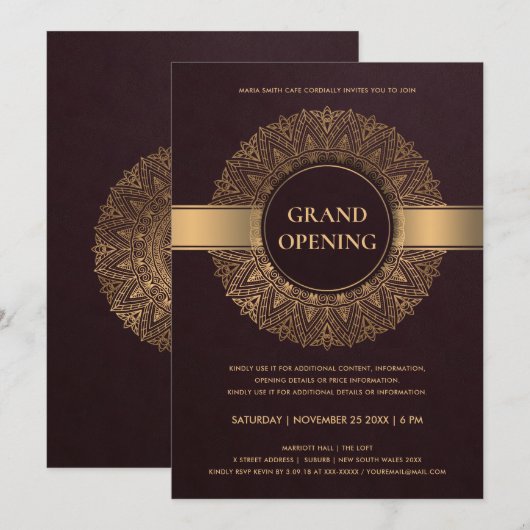 INVITATION BURGUNDY OR ORNATE CLASSIQUE MANDALA GRAND OUVERTU (Devant / Derrière)