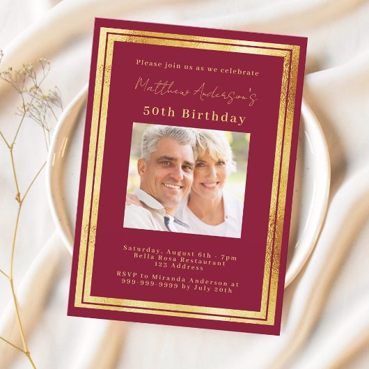 Invitation Burgundy or photo anniversaire