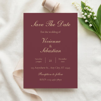 Invitation Burgundy Or Script Minimaliste Enregistrer La Date
