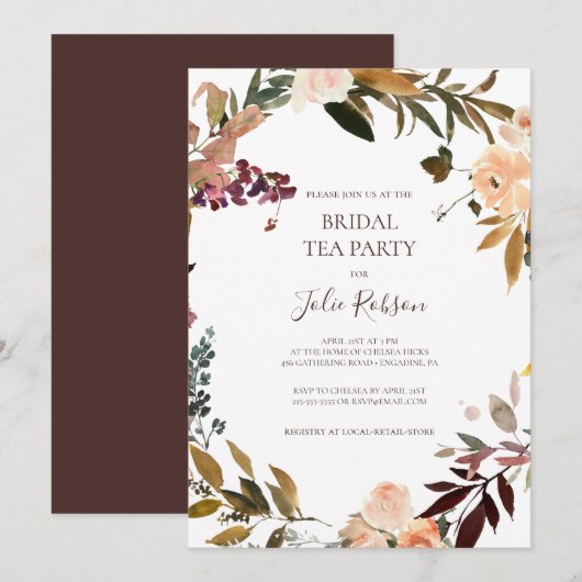 Invitation Burgundy Orange Floral Bridal Tea Party (Devant / Derrière)