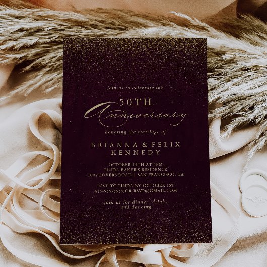 Invitation Burgundy Paillettes Or 50 Ans De Mariage 