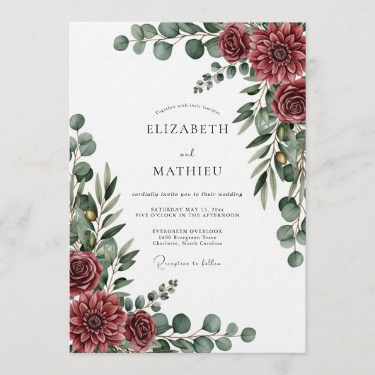 Invitation Burgundy Painterly Botanical Wedding (Devant)