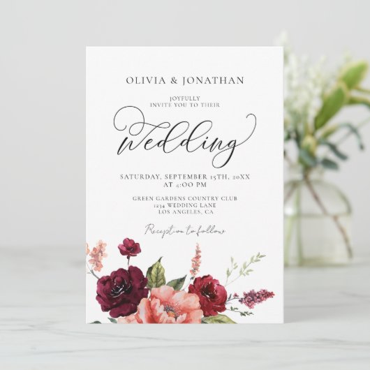 Invitation Burgundy Peach All in 1 Budget QR Code Mariage (Debout devant)