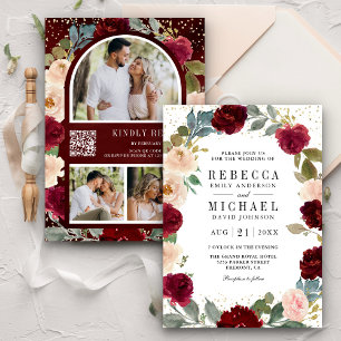 Invitation Burgundy Peach Floral Photo QR Code Mariage