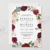 Invitation Burgundy Peach Floral Photo QR Code Mariage (Devant)