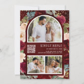 Invitation Burgundy Peach Floral Photo QR Code Mariage (Dos)