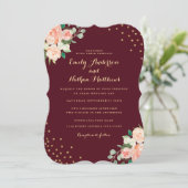 Invitation Burgundy Peach Gold Floral Confetti Mariage (Debout devant)