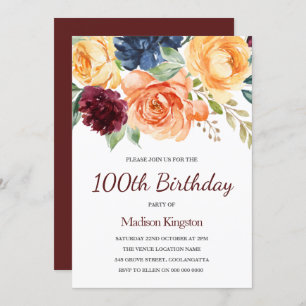 Invitation Burgundy Peach Navy Floral 100e Anniversaire