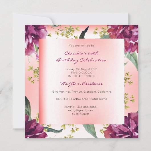 Invitation Burgundy Peach rose Floral Tropical Peony Annivers (Devant)