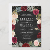 Invitation Burgundy Pêche Floral Noir QR Code Mariage (Devant)