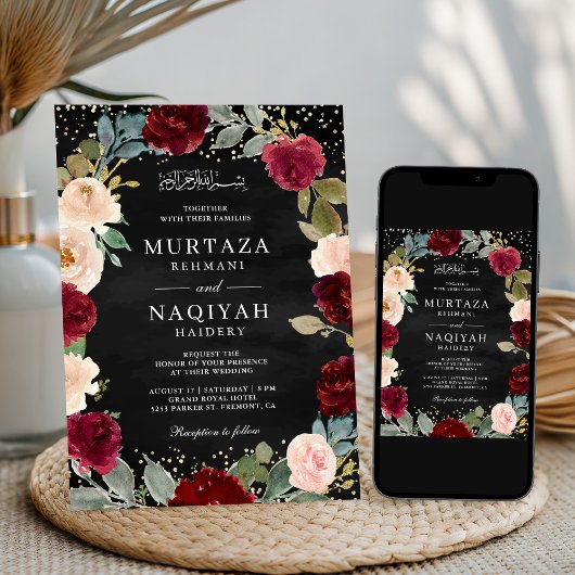 Invitation Burgundy Pêche Floral QR Code Black Muslim Mariage
