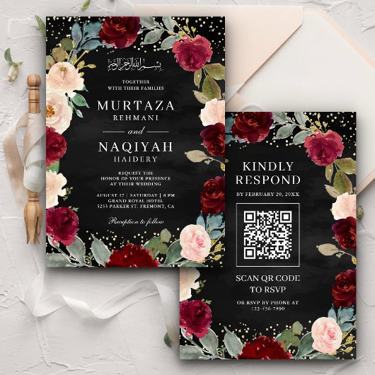 Invitation Burgundy Pêche Floral QR Code Black Muslim Mariage