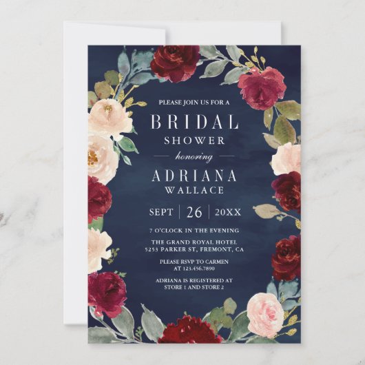 Invitation Burgundy Pêche Floral QR Code Marine Fête des mari (Devant)